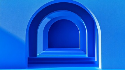Poster - in a blue room with a large arched doorway, one beam of light provides the illumination