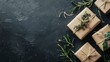 © Juan - Eco-friendly gifts wrapped in paper with greenery on black background