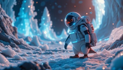 Astronaut Penguin on a Frozen Alien Planet with Glowing Ice

