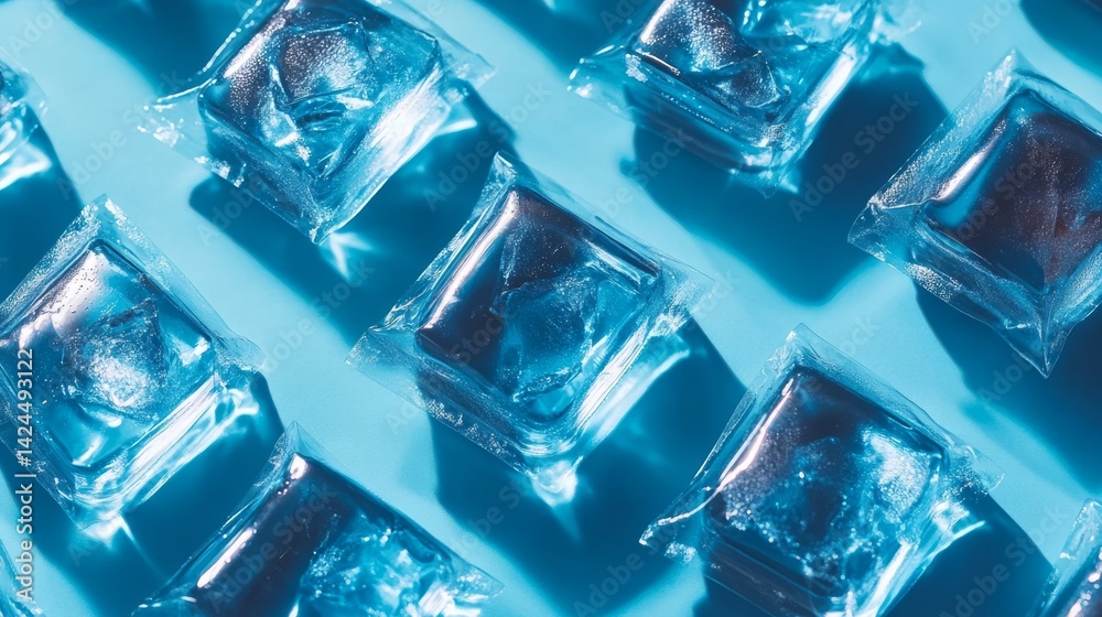 Ice cubes are placed inside a clear plastic bag situated on a light ...