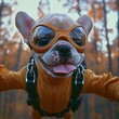 © vimp - A playful dog dressed in a vibrant outfit explores a forest filled with fall colors