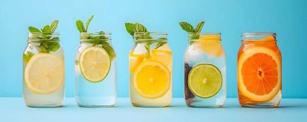 Poster - Refreshing summer drinks with citrus fruits and mint in jars