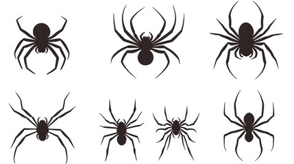 eight spider silhouettes; halloween; white background; design elements