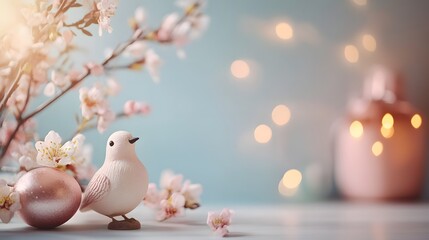 Aufkleber - Easter decoration with bird figurine and pink egg near blooming apricot branch