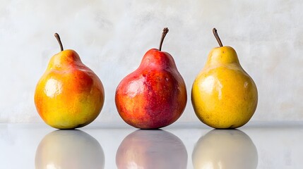 Poster - Three ripe pears sitting on white reflective surface