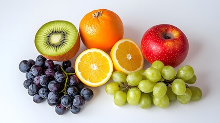 Poster - Fresh fruits composition featuring kiwi, orange, apple, and grapes on white background