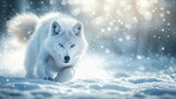 Majestic white wolf blue eyes gaze Fierce arctic fox running through snow in a serene winter landscape.