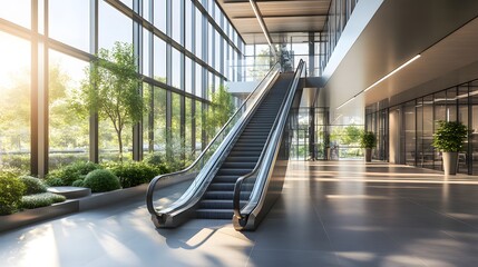 Poster - Modern escalator in corporate building lobby with green space