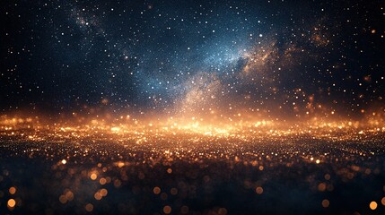 Poster - Cosmic city lightscape.  A breathtaking view of a starry night sky over a golden city, filled with shimmering lights and particles