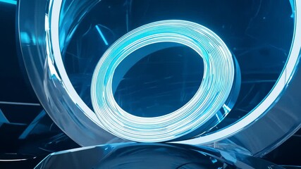 Poster - Elegant Circular Animation of 3D Rings with Dynamic Motion and Glowing Blue Lights in a Futuristic Background Loop