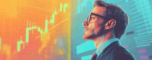Poster - Serious businessman looking at growing charts in double exposure
