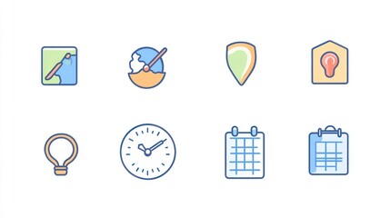 Colorful app icons; planning, security, idea, time; white background; website design