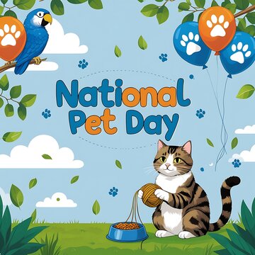 Colorful vector art for National Pet Day featuring diverse pets in a cheerful design