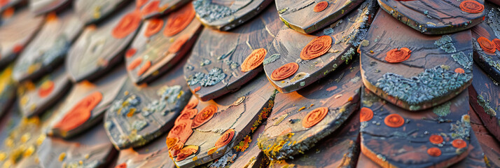 Poster - Close-up of vibrant lichen and moss covering weathered roof tiles