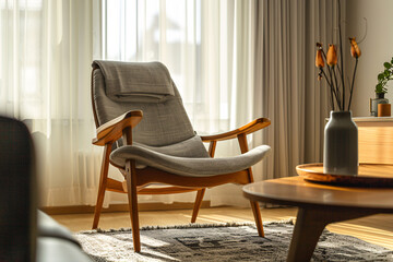 Poster - Empty armchair is bathing in the sun rays coming from a window