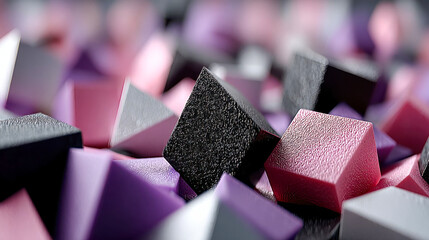 Poster - Abstract macro of geometric textured cubes in black, pink, lavender, and white tones with soft focus depth