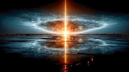 Poster - Blazing vertical beam of light bursting across cosmic ocean horizon, with glowing stars and surreal futuristic atmosphere
