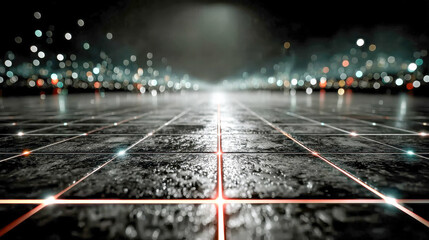 Poster - Abstract digital surface with glowing grid lines leading into a blurry futuristic cityscape at night, evoking cyberpunk aesthetics