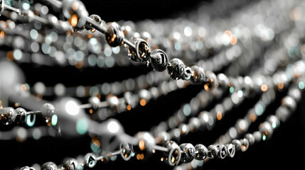 Poster - Dynamic strands of metallic beads and reflective wires forming an intricate futuristic structure with glowing highlights and dark background
