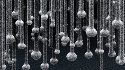 Poster - Vertical streams of binary code interwoven with glowing orange spheres, evoking a sense of digital complexity and futuristic data flow