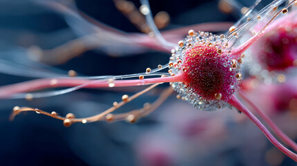 Poster - Abstract neural structure with glowing filaments and golden particles, visualizing microscopic biological activity in vivid detail