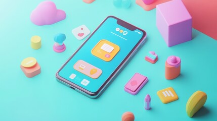 3D Handhold phone mobile app development, application building, app testing, UI-UX and web design. Abstract 3d object background. 3d Vector illustration