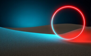 Poster - A futuristic landscape features a glowing round frame with copy space and a laser ring, set in the middle of an empty desert, presented as a 3d render with an abstract modern minimal neon background