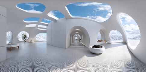 Wall Mural - equirectangular 3d illustration featuring a high-contrast interior with intense sunlight and a spher