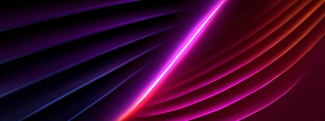 Poster - The image is a 3D render of an abstract neon background with a panoramic view, featuring vibrant lines in shades of purple, violet, and pink illuminated by ultraviolet light