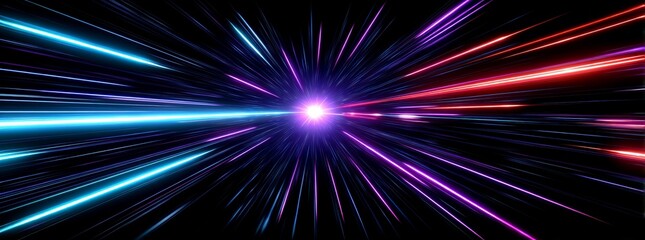 Poster - A 3D rendering featuring an abstract panoramic neon background adorned with vibrant glowing lines