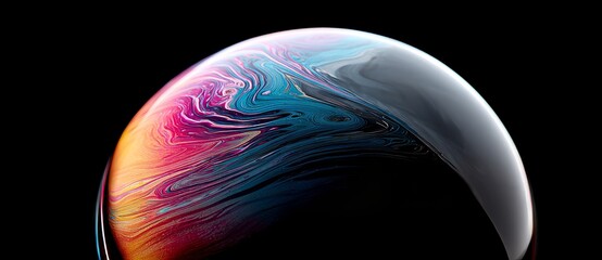 Poster - A virtual reality environment featuring an abstract, multicolored, and psychedelic planet, with a closeup view of a soap bubble resembling an alien world set against a black backdrop
