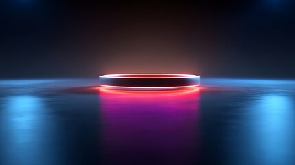 Poster - A 3D rendering features an abstract neon background with a fluorescent ring and a blank round frame, incorporating simple geometric shapes and a laser line that glows with pink and blue light