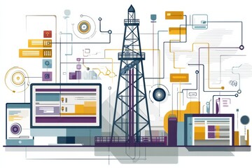 Poster - Flat Design Representation of an Oil Rig Integrated With Advanced Digital User Interface Elements Illustrating Modern Oil Extraction Technology