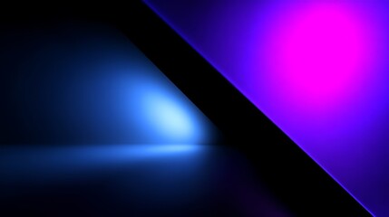 Poster - The background is a simple, abstract design illuminated by neon lights in shades of pink and blue in a 3D render