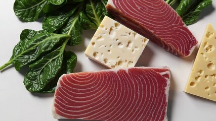 Poster - Different cuts of fresh, raw tuna, blocks and wedges of cheese, and vibrant green spinach leaves are artfully arranged on a clean white background, suggesting a healthy and protein rich meal
