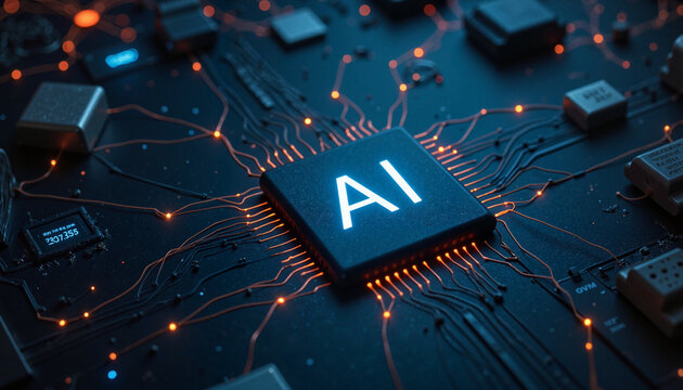 Stylized microchip labeled “AI” with light trails on dark surface, technology