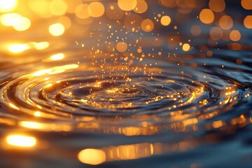Aufkleber - Water droplets create mesmerizing patterns in golden light during sunset over a tranquil lake