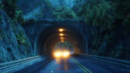 Aufkleber - An artistic shot of an expressway tunnel entrance, with bright headlights illuminating the entrance and creating a dramatic perspective on the road.