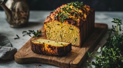 Poster - An artistic shot of a loaf of bread with a slice cut out, revealing the soft, airy crumb inside, placed on a rustic wooden board with a few fresh herbs.