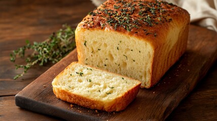 Poster - An artistic shot of a loaf of bread with a slice cut out, revealing the soft, airy crumb inside, placed on a rustic wooden board with a few fresh herbs.
