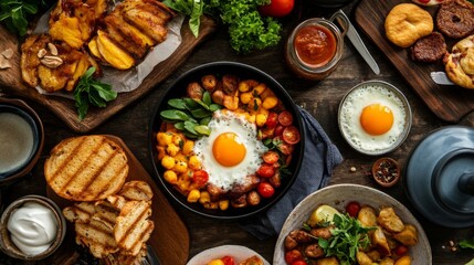 Poster - An overhead view of a breakfast spread featuring , with a focus on the small pan and its delicious contents, surrounded by additional Thai breakfast dishes.