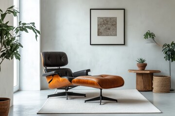 Poster - Modern minimalist living room featuring stylish chair and cozy fireplace in a spacious, bright environment