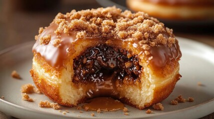 Poster - A close-up of a filled donut with a bite taken out, revealing the rich, gooey filling inside, with crumbs and icing scattered on a plate.