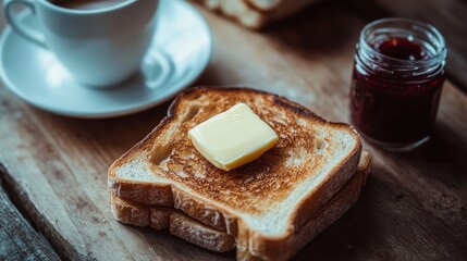 Poster - A close-up of perfectly golden toast with butter melting on top, placed on a rustic wooden table alongside a cup of coffee and a small jar of jam.