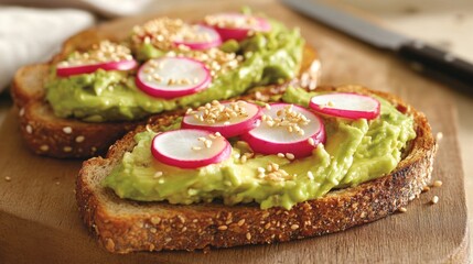 Poster - A close-up of toast topped with creamy avocado, radish slices, and a sprinkle of sesame seeds, served on a wooden board with a knife and napkin beside it.