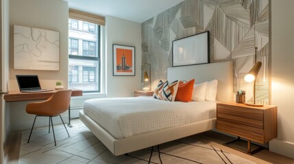 Aufkleber - A contemporary bedroom with a clean, modern aesthetic, featuring a floating bed, geometric patterns on the walls, and a sleek desk with a laptop and desk lamp.