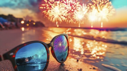 Sunglasses reflecting fireworks exploding over ocean at dusk, resting on sandy beach with bokeh lights, celebration concept