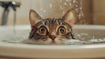 Poster - A dynamic shot of a cat's first bath experience, with a mix of curiosity and apprehension as it explores the bath environment, capturing the learning process.