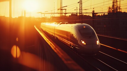 Poster - A dynamic shot of a high-speed train crossing a bridge at sunset, with the golden light reflecting off its smooth, aerodynamic design.