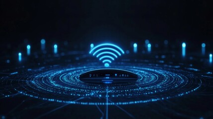 Poster - A dynamic shot of a Wi-Fi signal being represented by a series of concentric circles emanating from a router, symbolizing strong and widespread connectivity.